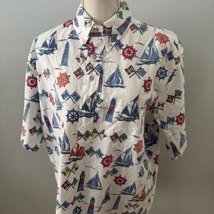 Reyn Spooner Vintage White Sailboat Nautical Short‎ Sleeve Shirt Size L